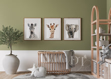 Load image into Gallery viewer, NEUTRAL SAFARI NURSERY Prints - Set of 3 Elephant Giraffe and Zebra