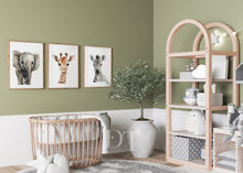 Load image into Gallery viewer, NEUTRAL SAFARI NURSERY Prints - Set of 3 Elephant Giraffe and Zebra