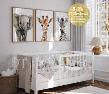 Load image into Gallery viewer, NEUTRAL SAFARI NURSERY Prints - Set of 3 Elephant Giraffe and Zebra