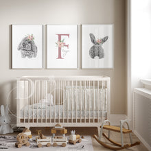 Load image into Gallery viewer, FLORAL PERSONALISED SET OF 3 BUNNY PRINTS