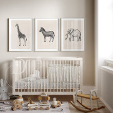 Load image into Gallery viewer, Gender Neutral Nursery Wall Art Safari Giraffe, Elephant, Zebra