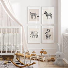 Load image into Gallery viewer, Gender Neutral Nursery Wall Art Safari Giraffe, Elephant, Zebra