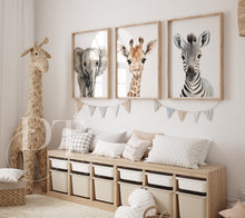 Load image into Gallery viewer, NEUTRAL SAFARI NURSERY Prints - Set of 3 Elephant Giraffe and Zebra