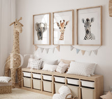 Load image into Gallery viewer, NEUTRAL SAFARI NURSERY Prints - Set of 3 Elephant Giraffe and Zebra