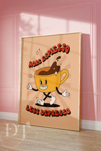 Load image into Gallery viewer, Retro kitchen Poster Print - Happy Characters - More Espresso Less Depresso