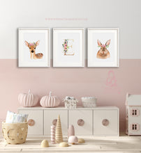 Load image into Gallery viewer, Floral Woodland Prints Set of 3, Forest friends, Nursery Decor, Animal Nursery Prints,