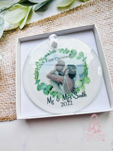 Load image into Gallery viewer, Mr & Mrs Photo Married Wedding Christmas Ornament Eucalyptus