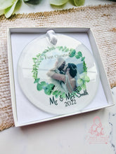 Load image into Gallery viewer, Mr & Mrs Photo Married Wedding Christmas Ornament Eucalyptus