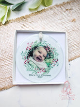 Load image into Gallery viewer, XMAS PHOTO WREATH FIRST CHRISTMAS  TREE ORNAMENT BAUBLE