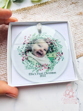 Load image into Gallery viewer, XMAS PHOTO WREATH FIRST CHRISTMAS  TREE ORNAMENT BAUBLE
