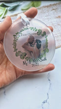 Load and play video in Gallery viewer, Mr & Mrs Photo Married Wedding Christmas Ornament Eucalyptus