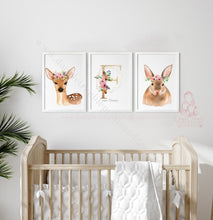 Load image into Gallery viewer, Floral Woodland Prints Set Of 3 Forest Friends Nursery Decor Animal
