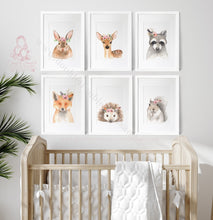 Load image into Gallery viewer, Floral Woodland Prints Set Of 6 Forest Friends Nursery Decor Animal