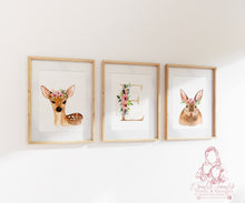 Load image into Gallery viewer, Floral Woodland Prints Set of 3, Forest friends, Nursery Decor, Animal Nursery Prints,