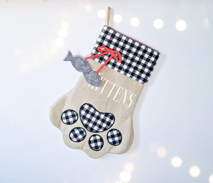 Personalised Cat Paw Tartan Christmas Stocking