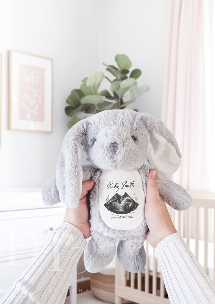 Pregnancy Announcement Idea - Grey Nursery Decor Bunny - Baby Scan keepsake - Gift for Expecting Mum