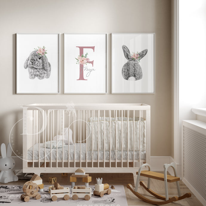 FLORAL PERSONALISED SET OF 3 BUNNY PRINTS