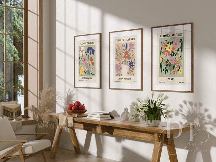 Colourful Set of 3 Flower Market - Home Wall Art - Boho - Modern Home decor