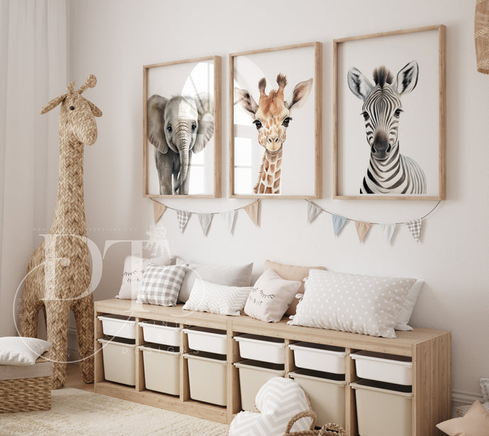 NEUTRAL SAFARI NURSERY Prints - Set of 3 Elephant Giraffe and Zebra