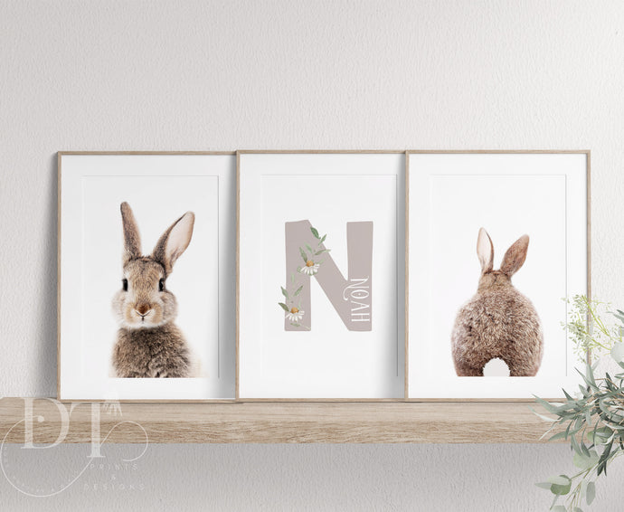 Neutral set of 3 Personalised Bunny Nursery Prints