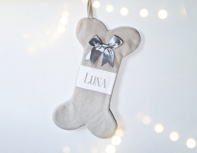 Personalised Silver grey Dog Bone Christmas Stocking