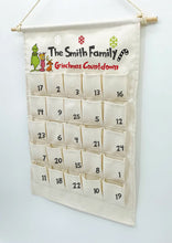 Load image into Gallery viewer, Grinch Inspired Hanging Christmas Countdown Canvas advent calendar
