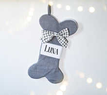 Load image into Gallery viewer, Personalised Grey Knit Dog Bone Christmas Stocking
