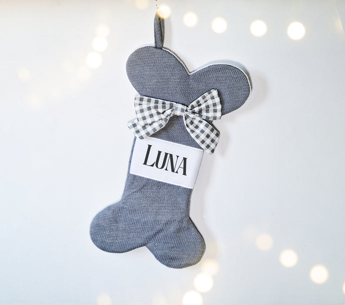Personalised Grey Knit Dog Bone Christmas Stocking