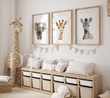 Load image into Gallery viewer, NEUTRAL SAFARI NURSERY Prints - Set of 3 Elephant Giraffe and Zebra
