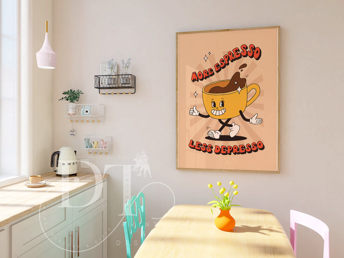 Retro kitchen Poster Print - Happy Characters - More Espresso Less Depresso