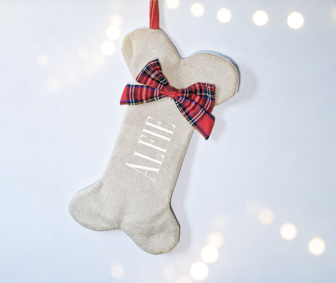 Personalised Tartan and Natural Dog Bone Christmas Stocking