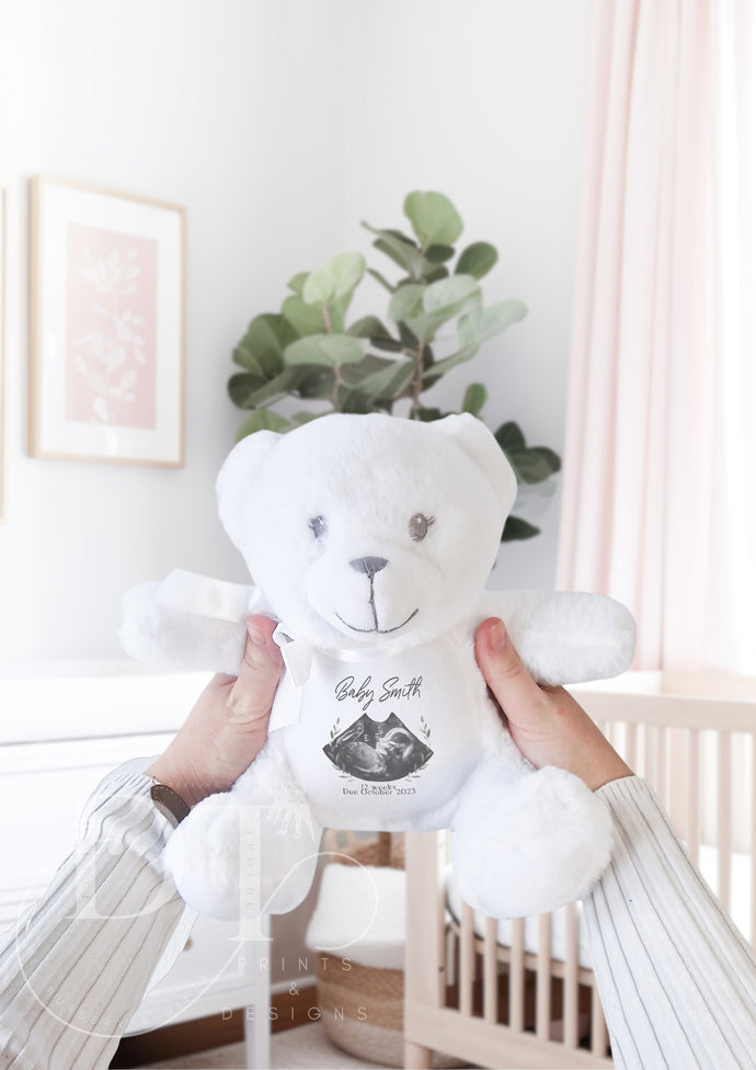 White Teddy Bear Baby Scan - Pregnancy Announcement - Baby Gift