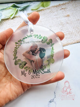 Load image into Gallery viewer, Mr &amp; Mrs Photo Married Wedding Christmas Ornament Eucalyptus
