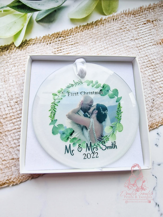 Mr & Mrs Photo Married Wedding Christmas Ornament Eucalyptus