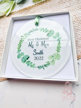 Load image into Gallery viewer, First Christmas Married -Eucalyptus wreath - Mr &amp; Mrs - Wedding Gift
