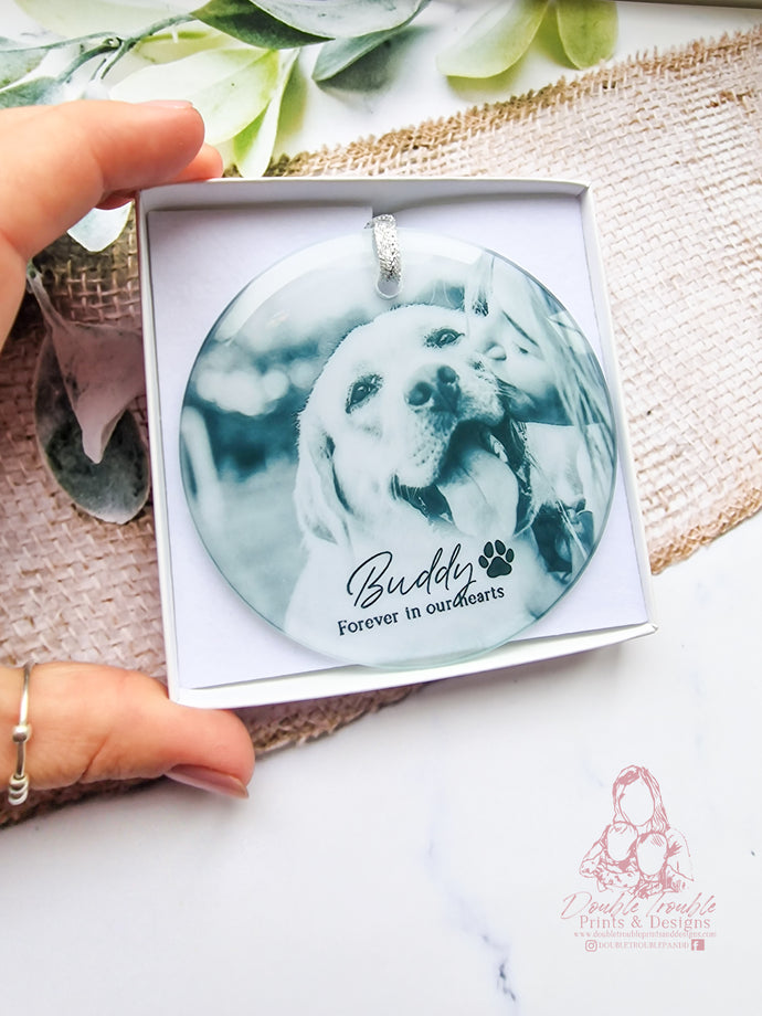 Pet Memorial -Dog Cat Personalised Glass Photo Christmas Ornament Bauble
