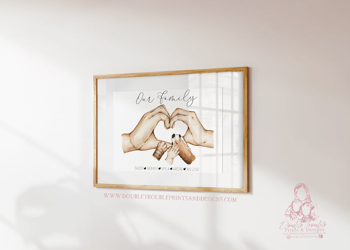 Personalised Family Portrait for Family with a dog, Heart Hands