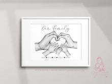Load image into Gallery viewer, Personalised Family Portrait for Family with a dog, Heart Hands
