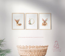 Load image into Gallery viewer, Floral Woodland Prints Set of 3, Forest friends, Nursery Decor, Animal Nursery Prints,
