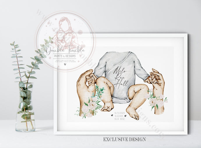 Newborn With Parents Announcement Print Personalised