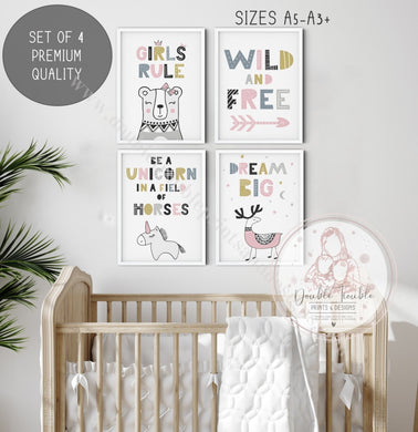 Set Of 4 Girls Nursery Prints - Unicorns Scandinavian Pastels Wild And Free