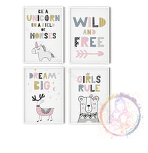 Load image into Gallery viewer, Set Of 4 Girls Nursery Prints - Unicorns Scandinavian Pastels Wild And Free
